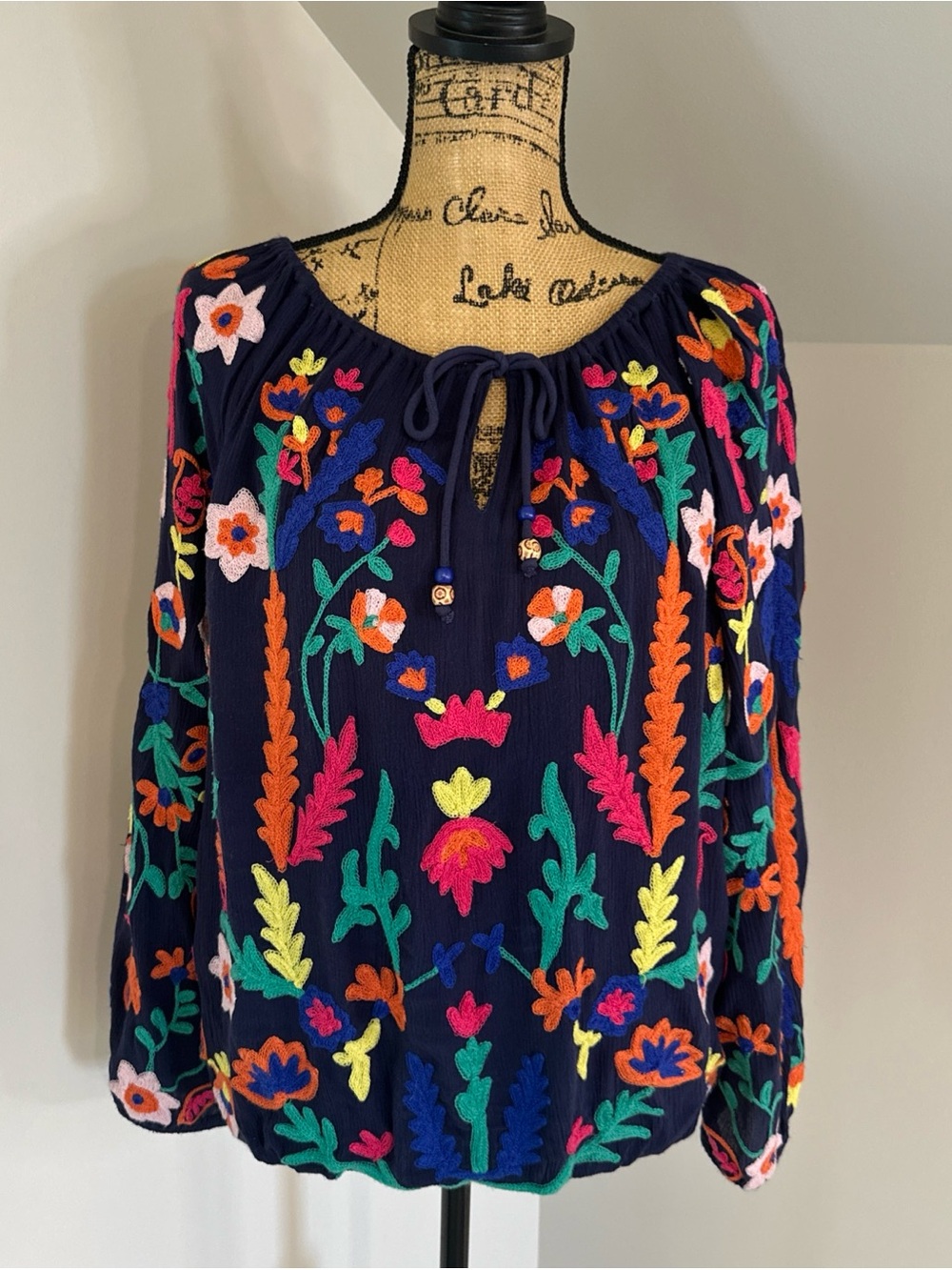 Soft Surroundings size xl Navy Peasant Top with Bright Floral Embroidery